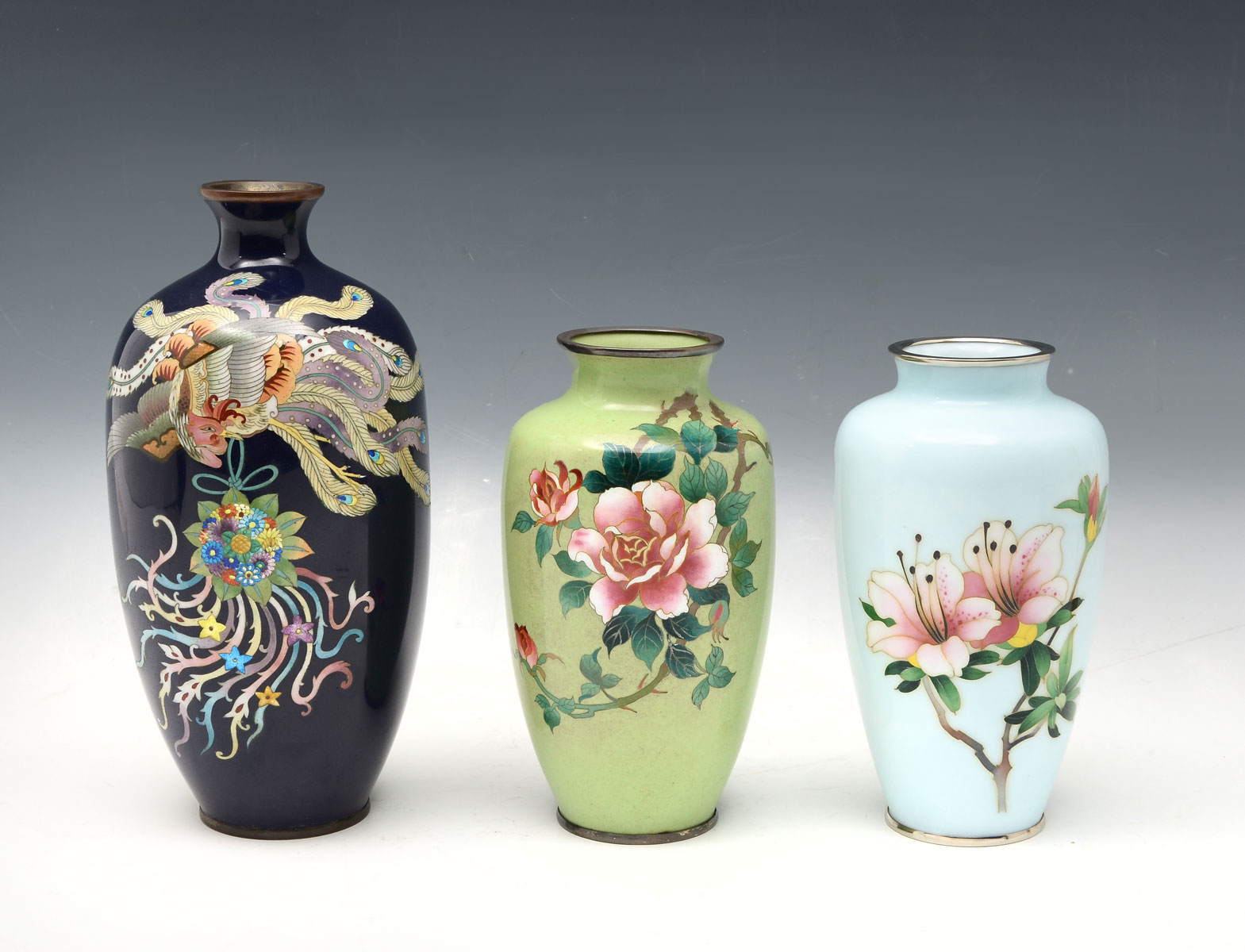 Appraisal: PC WIRELESS CLOISONNE COLLECTION Japanese wireless cloisonne vases to include