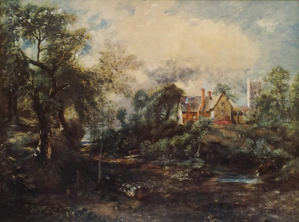 Appraisal: LANDSCAPE OF FORESTED COTTAGE WITH STREAM PRINT ON MASONITE FRAME