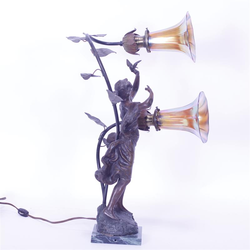 Appraisal: Art Nouveau figural nude with bird newel post lamp with