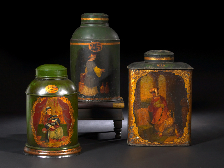 Appraisal: Large English Tole-Peinte Covered Tea Merchant's Storage Canister third quarter