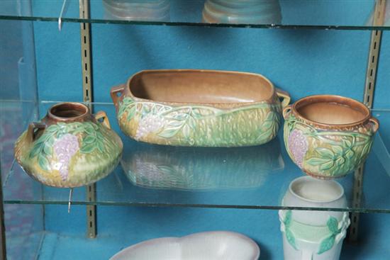 Appraisal: THREE PIECES OF ROSEVILLE POTTERY All in brown Wisteria pattern