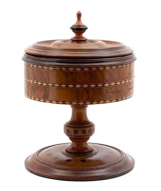 Appraisal: An English Inlaid Walnut Chip Holder Height x diameter inches