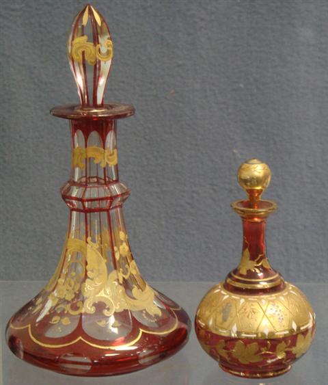 Appraisal: enamel gilt decorated ruby flashed Bohemian dresser bottles h Estimate