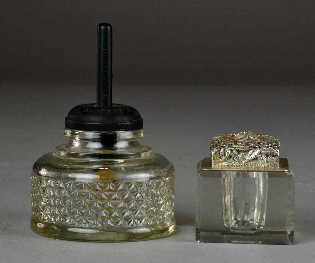 Appraisal: Pcs Crystal Inkwells and Glass Paste JarIncluding square crystal inkwell