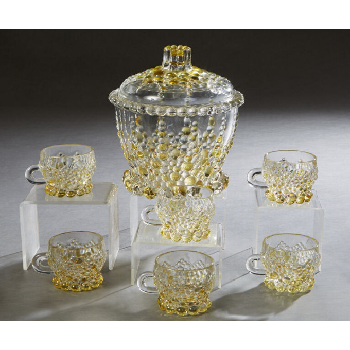 Appraisal: French Seven Piece Molded Yellow and Clear Glass Punch Set