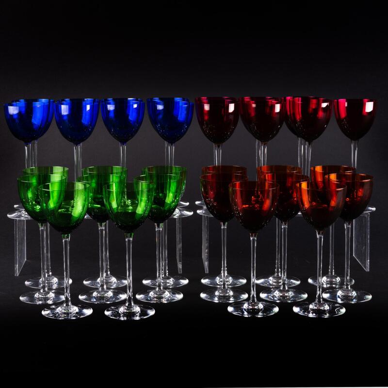 Appraisal: Set of Baccarat Colored Wine Glasses Acid stamp Seven ruby