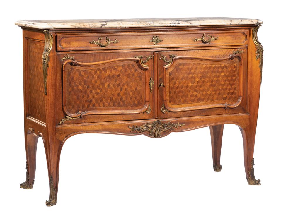 Appraisal: Pair of Louis XV-Style Bronze-Mounted Mahogany and Parquetry Commodes probably