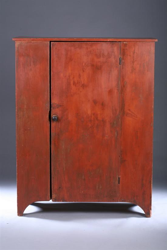 Appraisal: AMERICAN PRIMITIVE RED STAINED CUPBOARD Early th century Rectangular plank