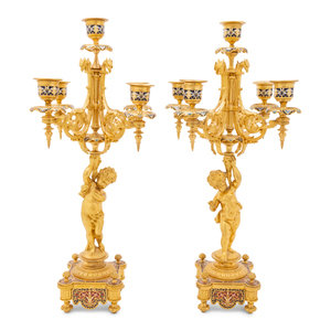 Appraisal: A Pair of French Gilt Bronze and Champlev Five-Light Candelabra