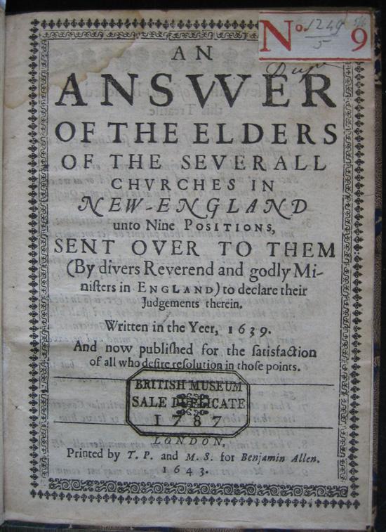 Appraisal: RELIGION Davenport John An Answer of the Elders of the