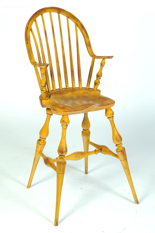 Appraisal: WINDSOR-STYLE HIGHCHAIR American th century Branded ''Riverbend Chair company'' Distressed