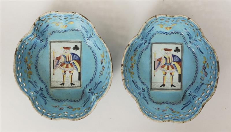 Appraisal: Pair of George III South Staffordshire Enamel Blue-Ground Chip Holders