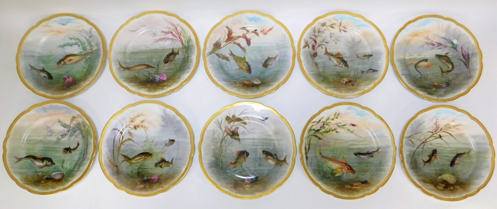 Appraisal: FRENCH MANSARD PORCELAIN UNDERWATER FISH PLATES France Early th CenturySet