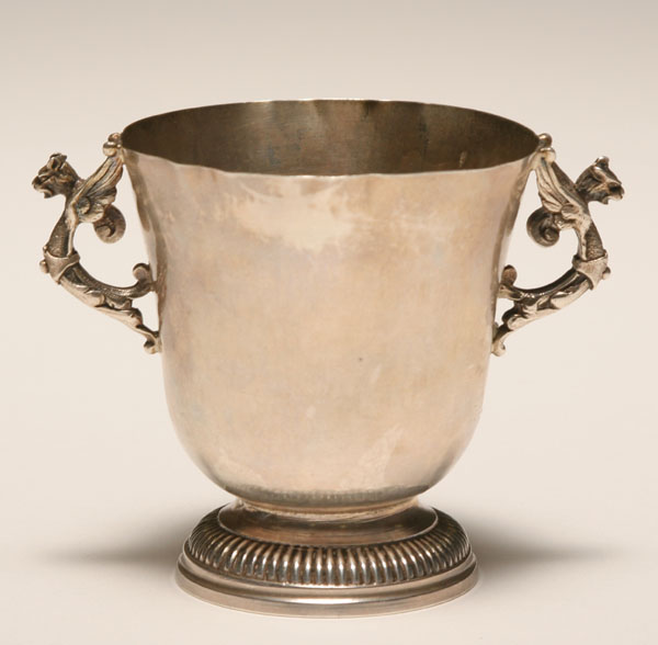 Appraisal: German hammered silver cup with figural griffin handles Hanau Hanau