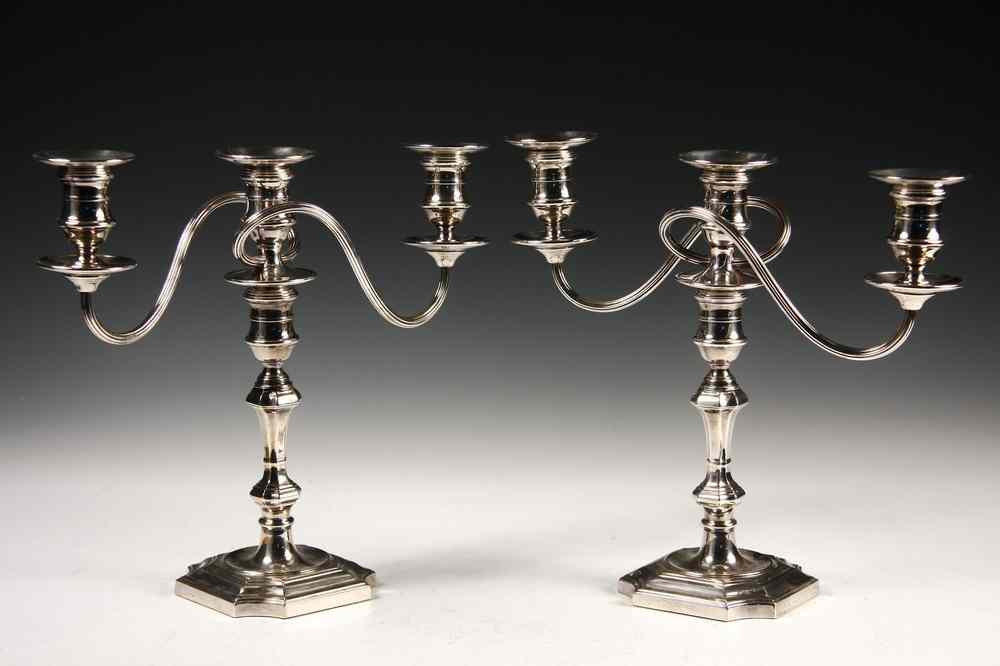 Appraisal: PAIR OF ENGLISH SILVER-PLATED THREE-LIGHT CANDELABRUM - Pair of Georgian