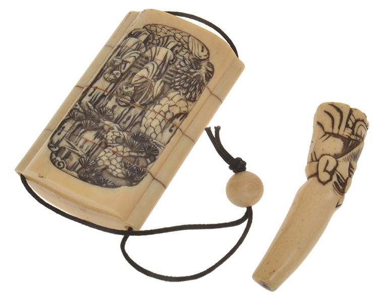 Appraisal: JAPANESE CARVED IVORY INRO TOGETHER WITH AN IVORY NETSUKE