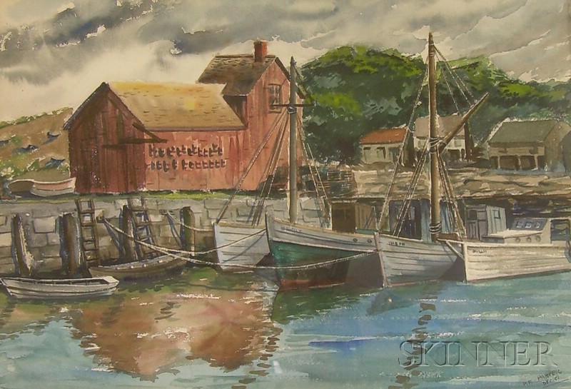 Appraisal: Framed Double-Sided American School Watercolor on Paper Motif and Harbor