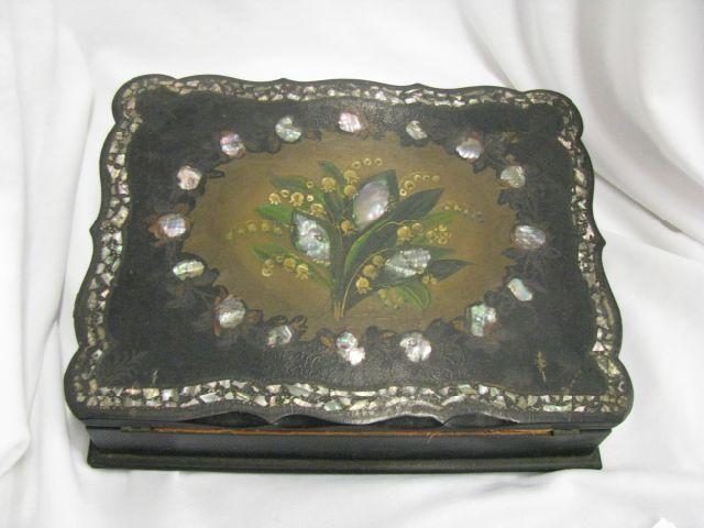 Appraisal: Victorian Lacquerware Lap Desk mother-of-pearl lily of the valley floral