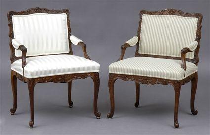 Appraisal: PAIR OF REGENCE-STYLE CARVED OAK FAUTEUILS A LA REINE Each