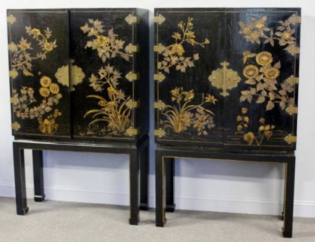 Appraisal: Pair of Asian Lacquered Chinoiserie Decorated Door Cabinets With Brass