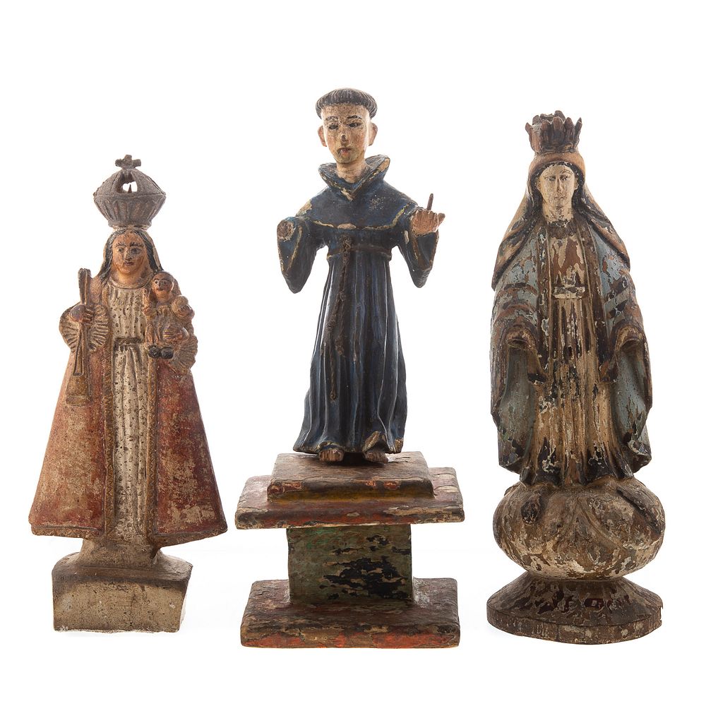 Appraisal: Three Spanish Colonial Santos Figures Includes carved and painted wood