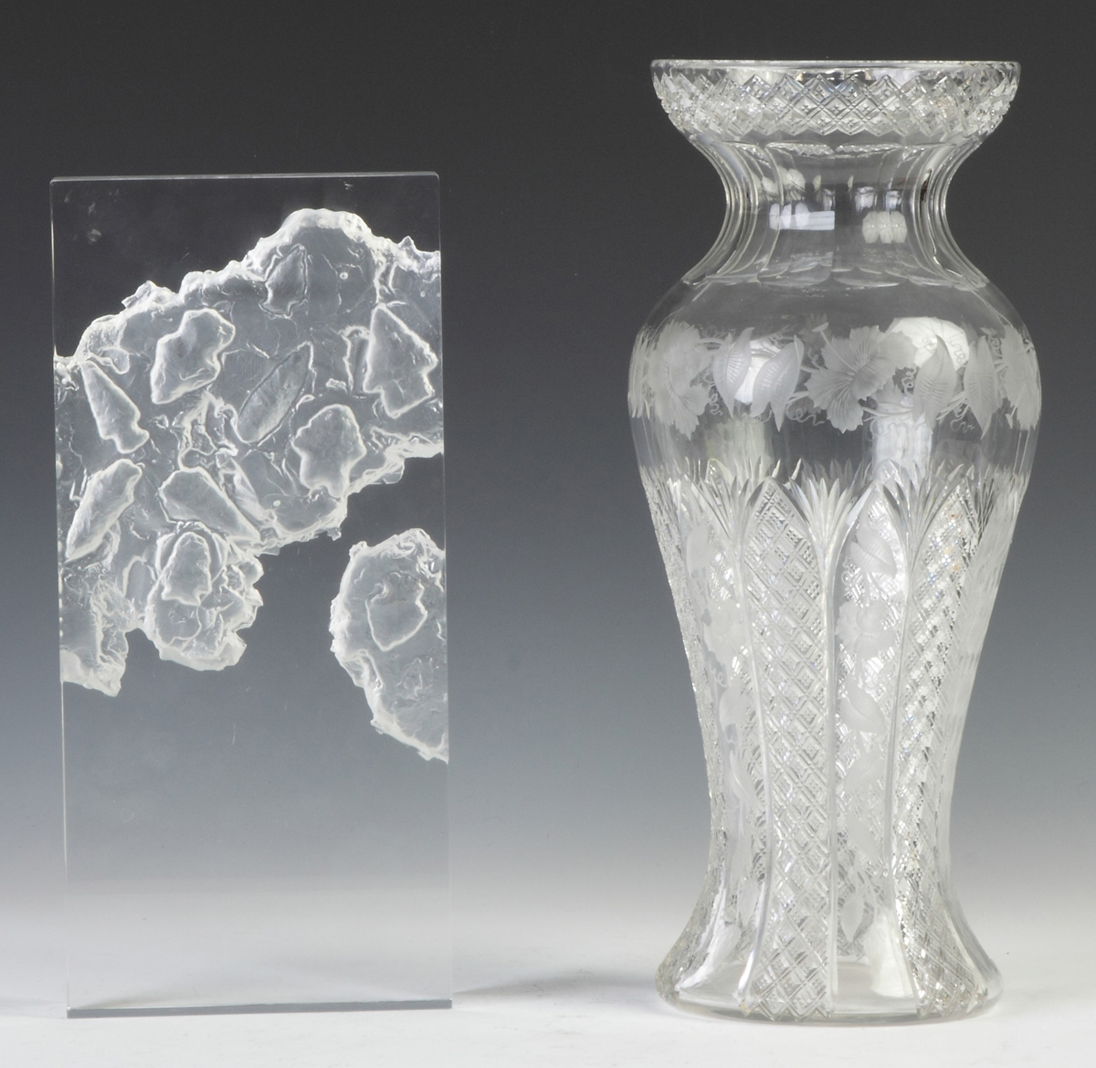 Appraisal: Sinclaire Cut Glass Engraved Vase Sgn Sinclaire