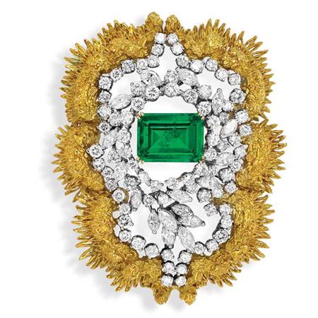 Appraisal: Gold Platinum Diamond and Synthetic Green Spinel Brooch Estimate -