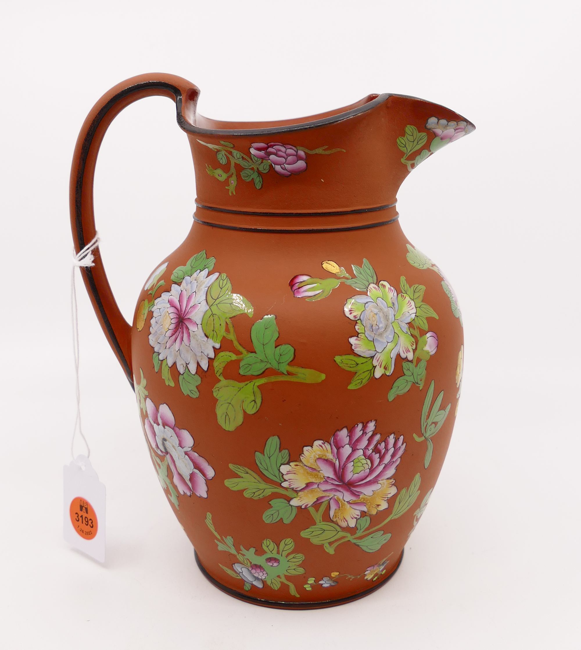 Appraisal: Wedgwood Rosso Antico Enameled Floral Pitcher Stamped 'S' x x