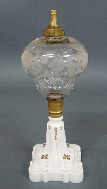 Appraisal: Oil lamp with floral etched glass font and gilt decorated