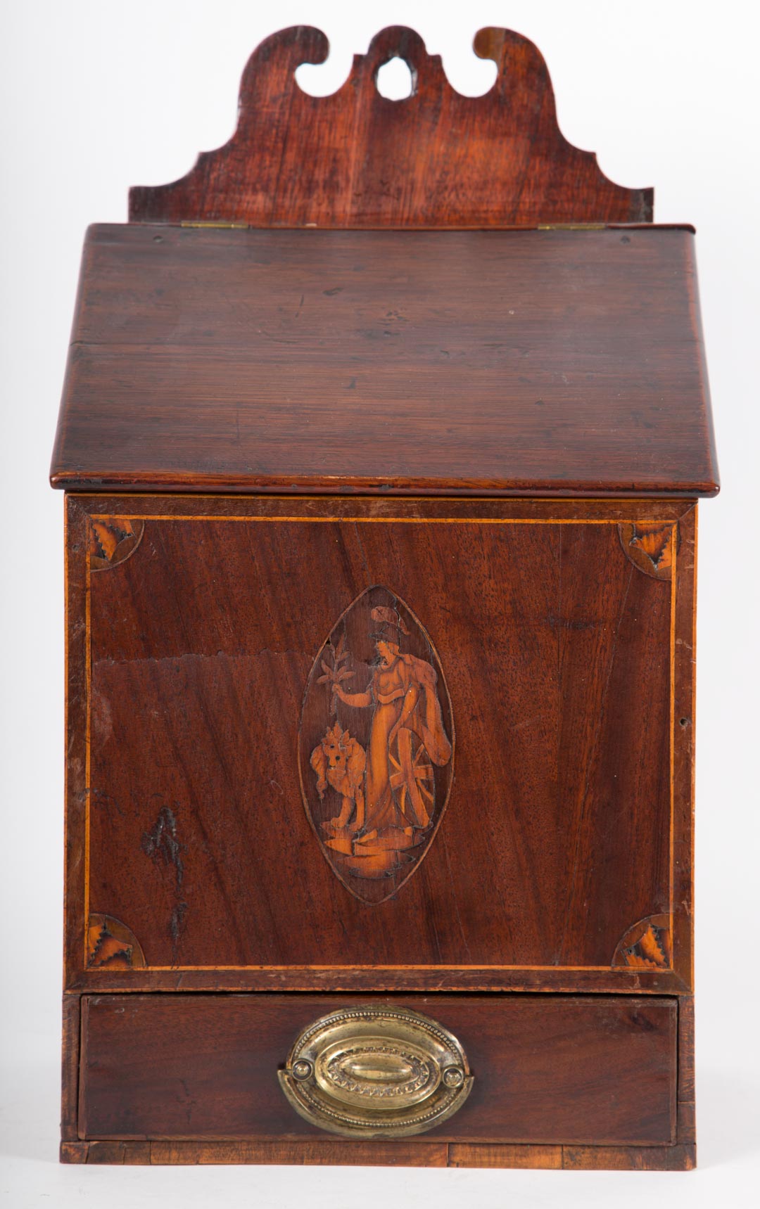 Appraisal: George III inlaid mahogany pipe candle box circa hinged lid