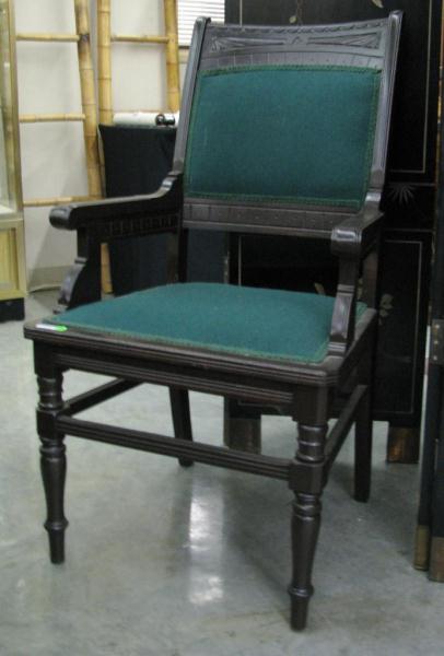 Appraisal: Eastlake Arm Chair with incised carvings bottle green upholstery ''