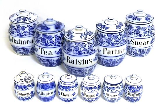 Appraisal: Blue and white German porcelain canisters five large and six