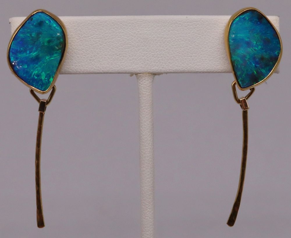 Appraisal: JEWELRY Signed Jennifer Kalled Opal and Gold Earrings Signed Jennifer