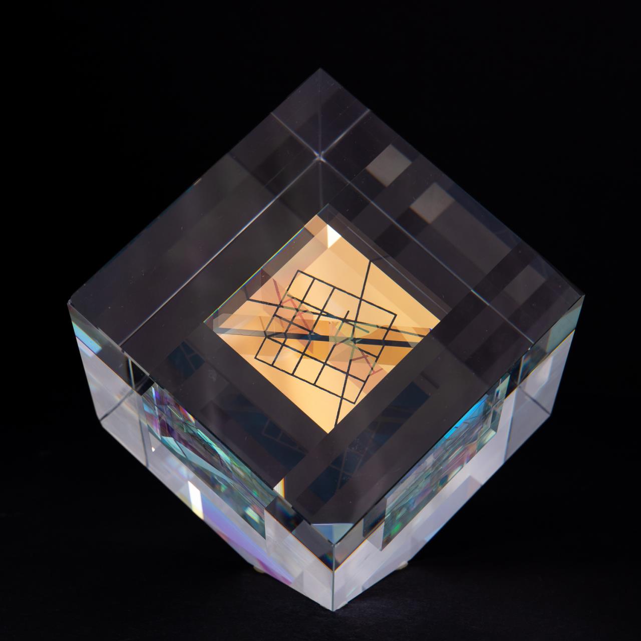 Appraisal: TOLAND SAND DICHROIC AND CRYSTAL CUBE SCULPTURE Toland Peter Sand