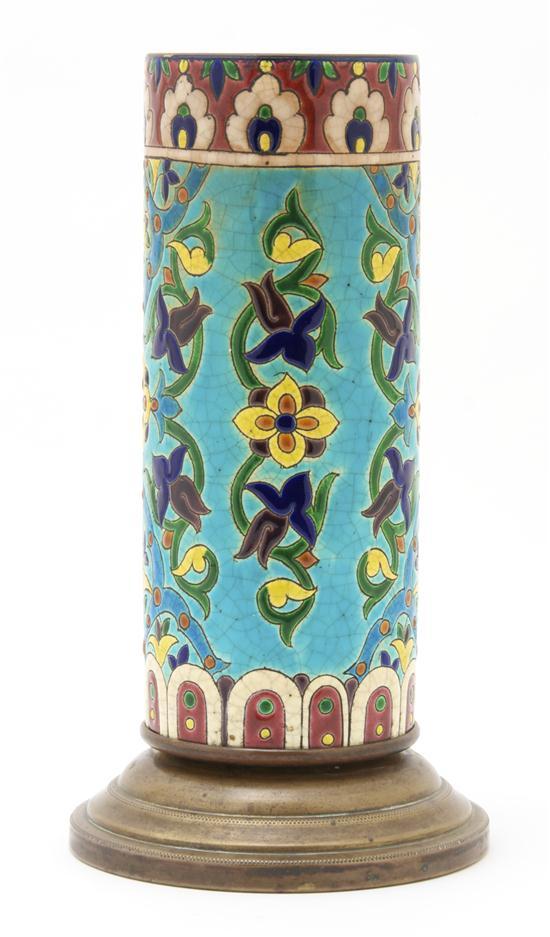 Appraisal: French Pottery Vase Longwy of cylindrical form with foliate decoration