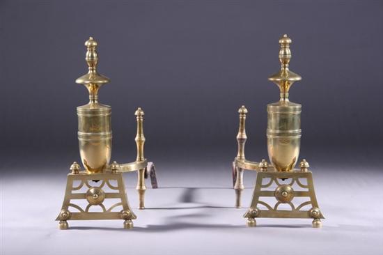 Appraisal: PAIR BRASS BALUSTER-TURNED ANDIRONS th century Large scale finial-top on