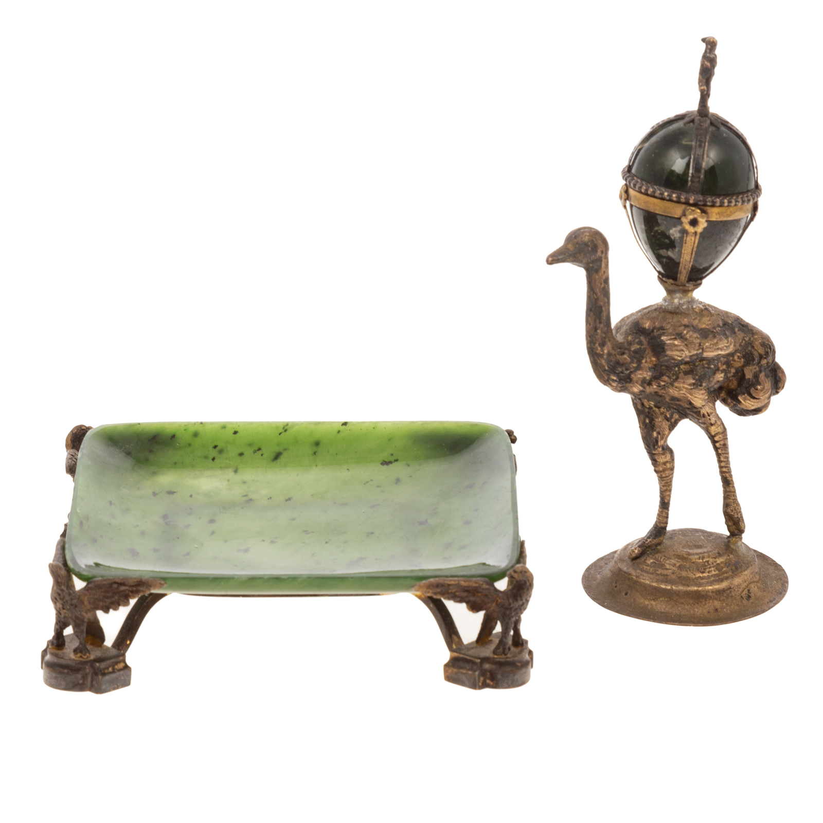 Appraisal: CONTINENTAL JADE METAL DISH OSTRICH RELIQUARY Small rectangular spinach jade