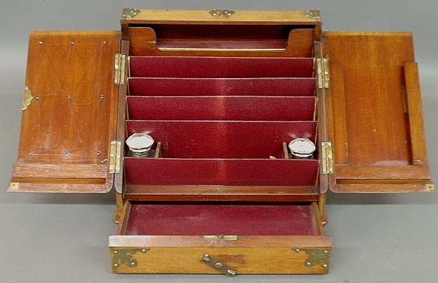 Appraisal: - Mahogany slant-lid document box with two glass inkwells and