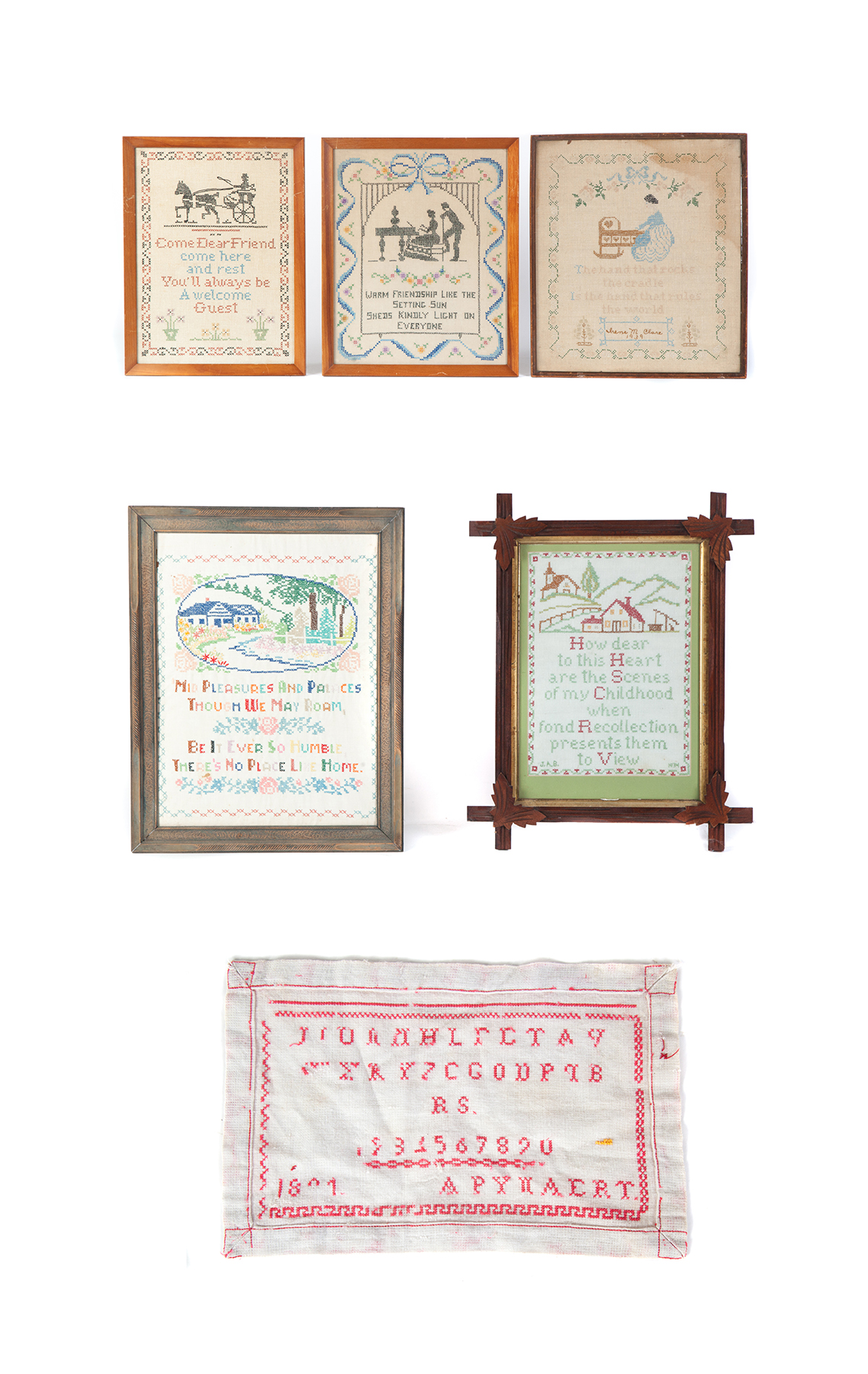 Appraisal: SIX AMERICAN NEEDLEWORKS Five contemporary samplers Average framed size h