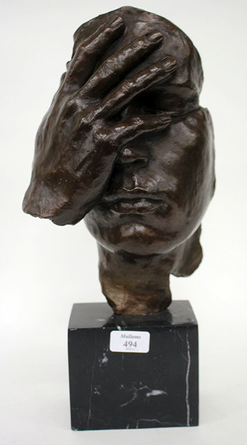 Appraisal: A CONTEMPORARY BRONZE SCULPTURE 'Head in Hand' on a square