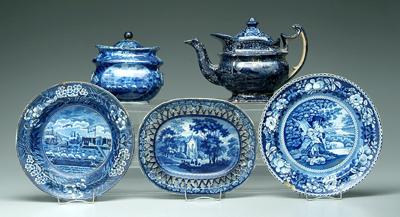 Appraisal: Five pieces historic Staffordshire blue transferware two pieces Landing of