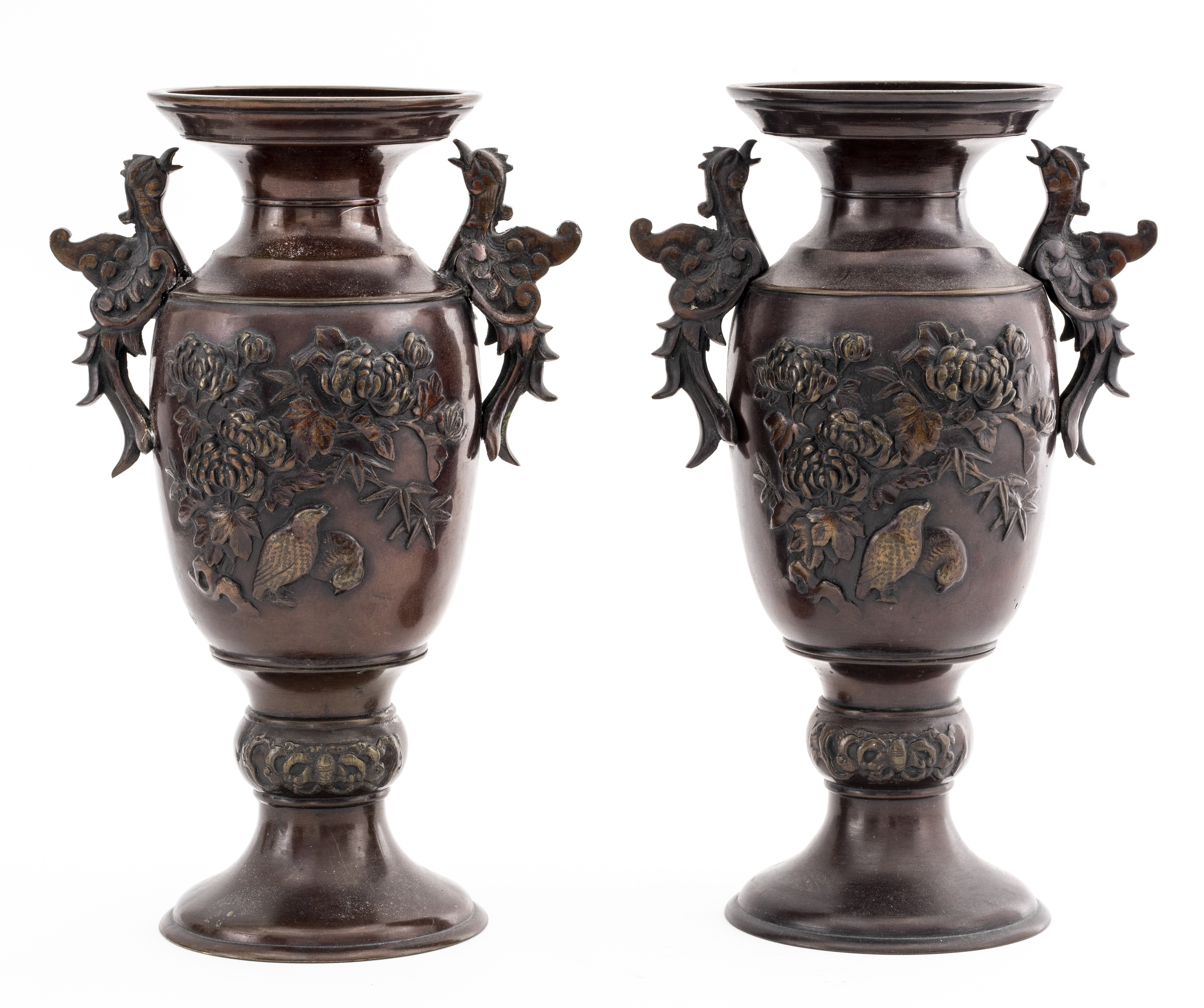 Appraisal: JAPANESE MEIJI BRONZE VASES PAIR Pair of Japanese Meiji bronze