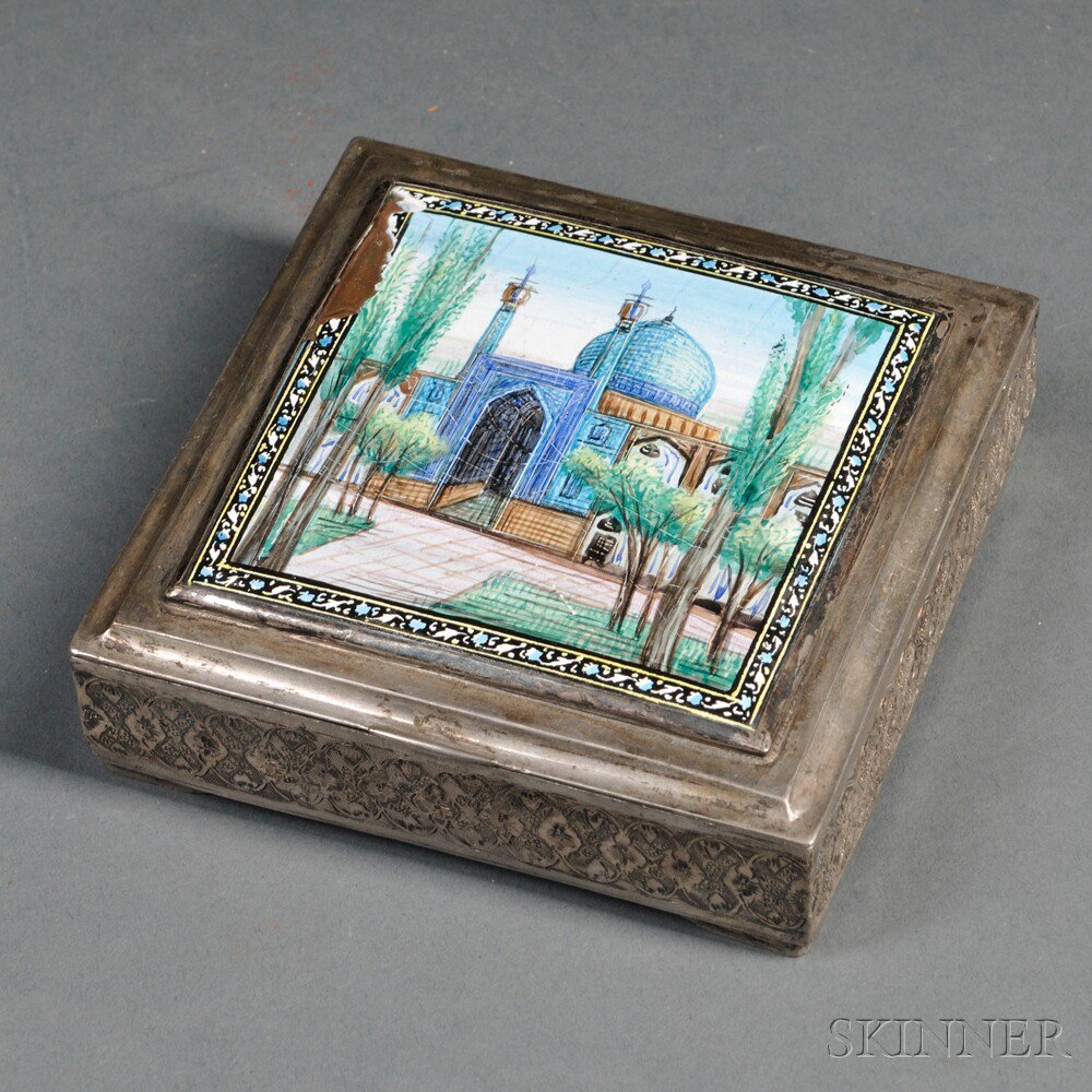 Appraisal: Persian Silvered Box Iran th century square the hinged cover