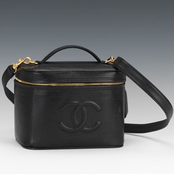 Appraisal: CHANEL BLACK CAVIAR LEATHER VANITY CASE CA x x Black