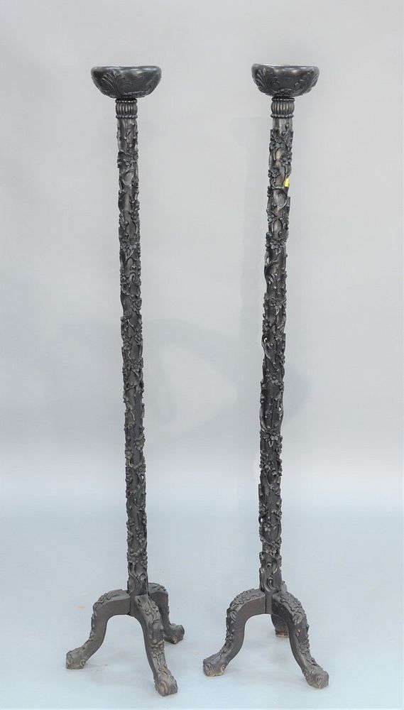 Appraisal: Pair Chinese Hardwood Carved Tall Stands with carved tops pedestal