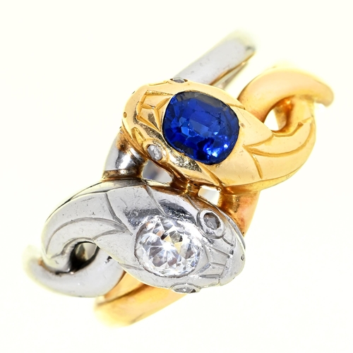 Appraisal: A sapphire and diamond double snake ring the head of