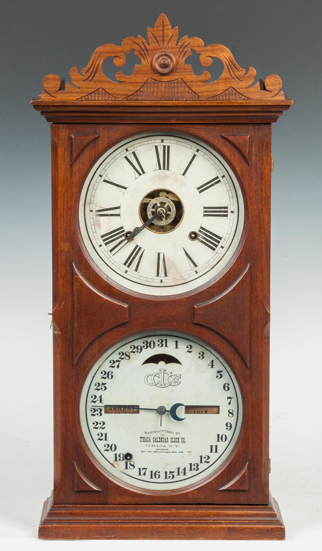 Appraisal: Ithaca Calendar Clock Walnut case top crest replaced Original painted