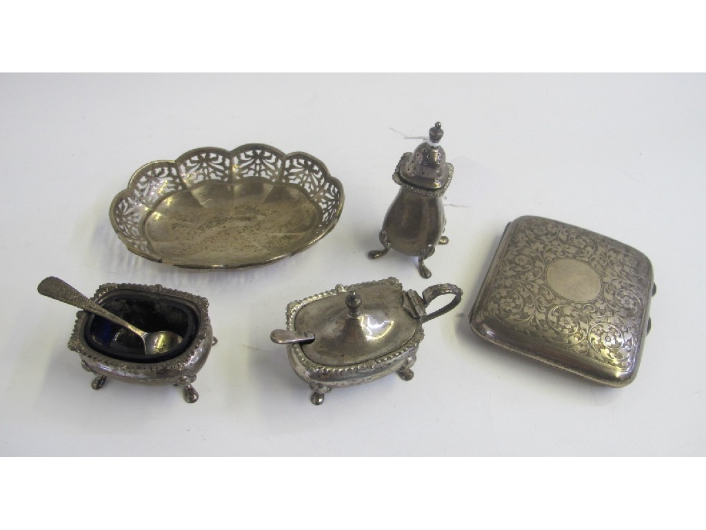 Appraisal: Lot comprising silver condiment set cigarette case and dish assorted