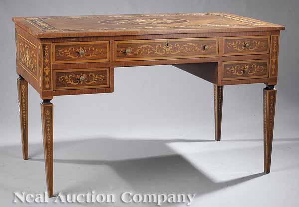 Appraisal: A Neo-Classical Marquetry Desk with kneehole configuration of drawers on