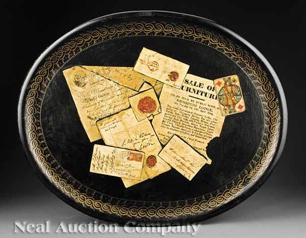 Appraisal: An Antique English Papier-M ch and Peinte Oval Tray c